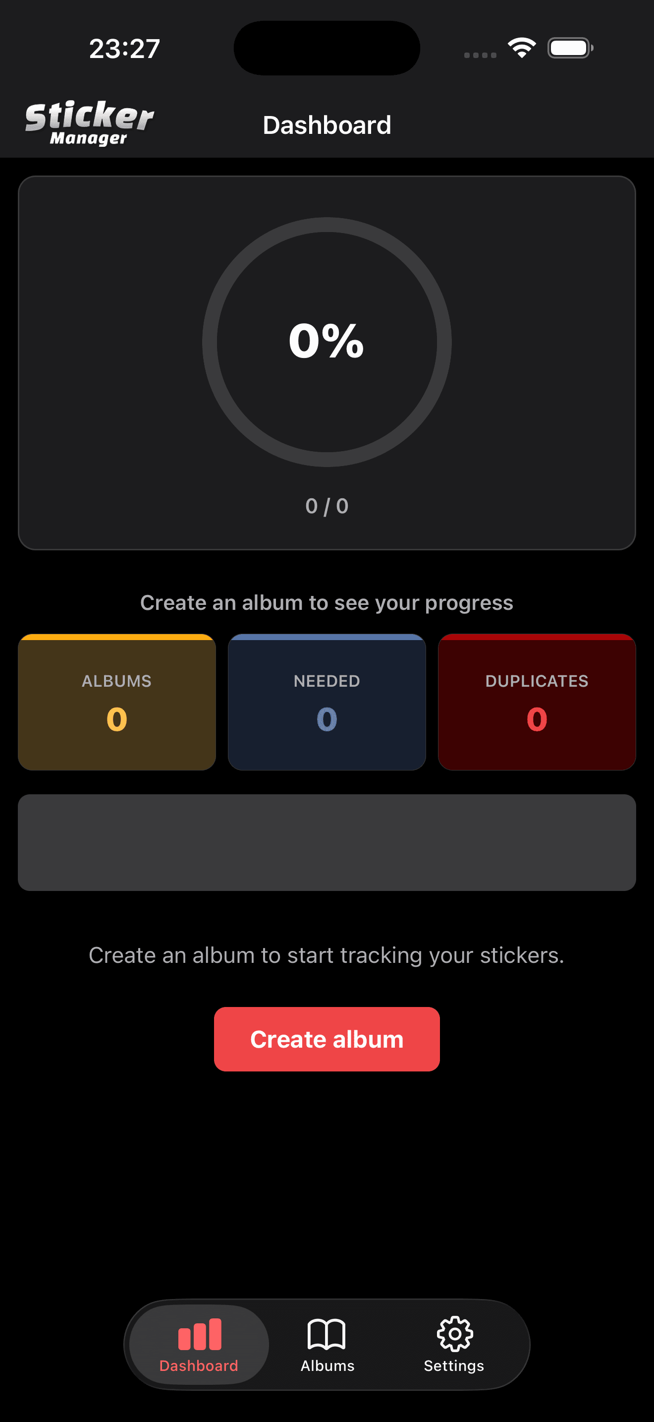Sticker Manager home dashboard with create album action