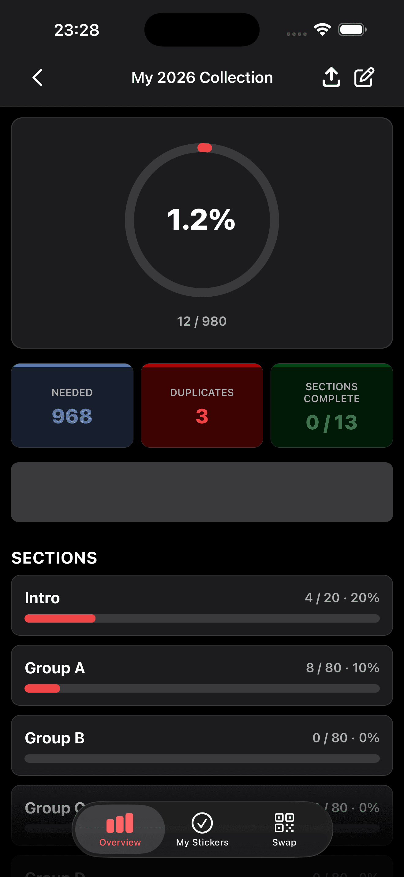 Sticker Manager overview showing album completion and section progress