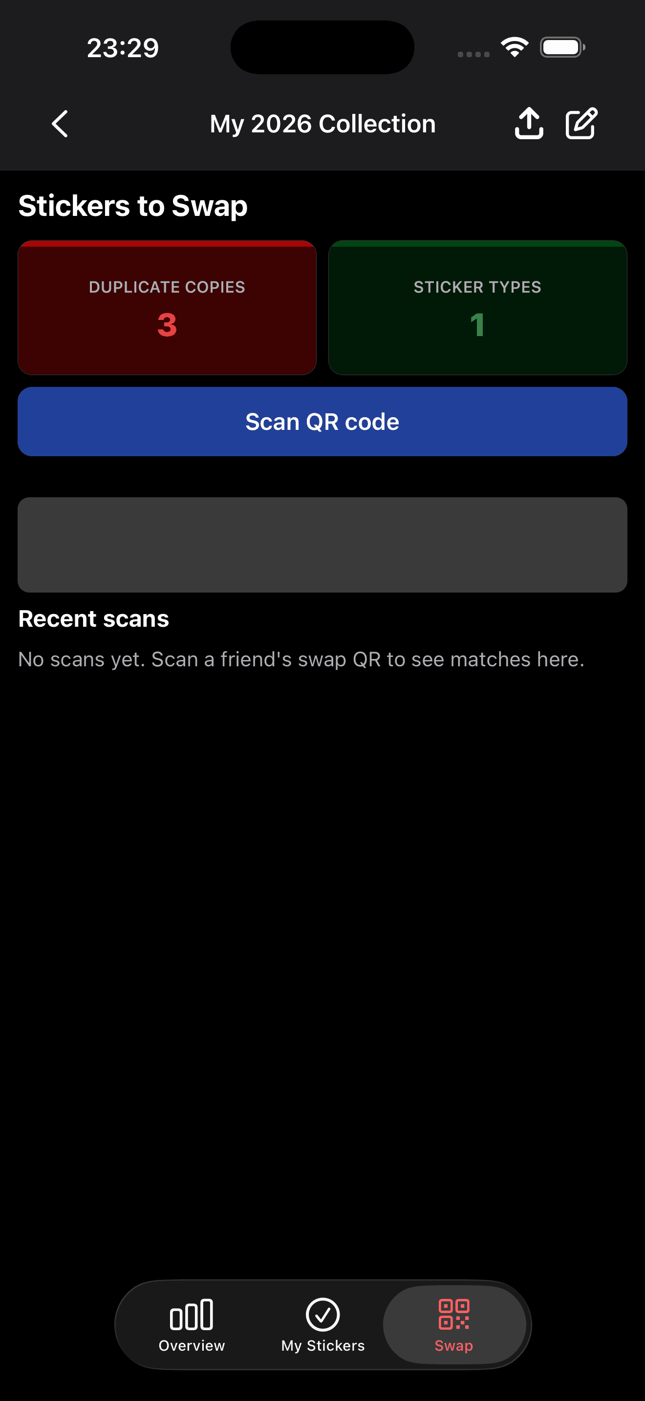 Swap screen with duplicate summary and scan QR code button